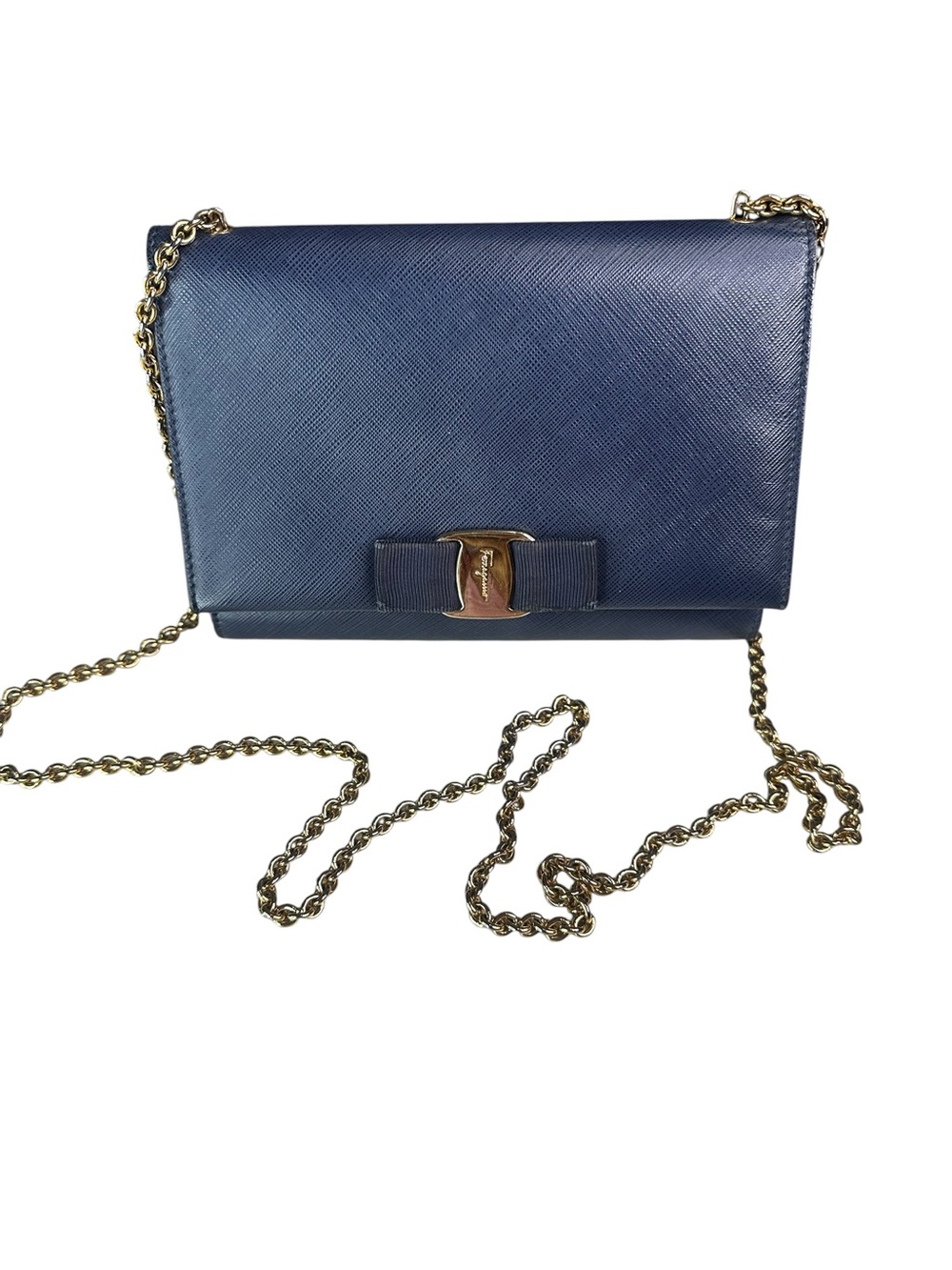 Salvatore Ferragamo Blue Vara Bow Chain Crossbody with Gold Hardware